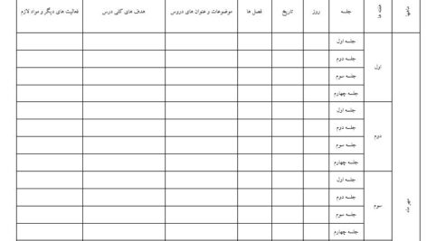 فایل word جدول طرح درس سالانه براي دروس چهار جلسه اي در هفته